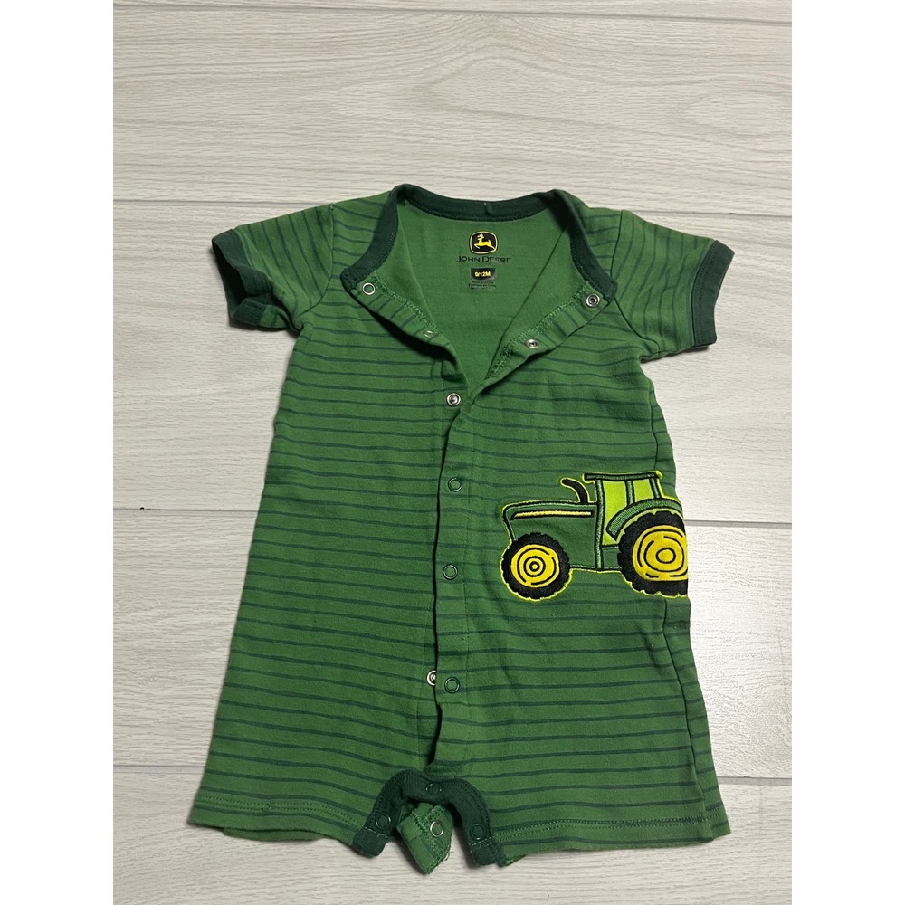 John Deere Tractor Romper Striped Green Short Sleeve‎ 9/12M